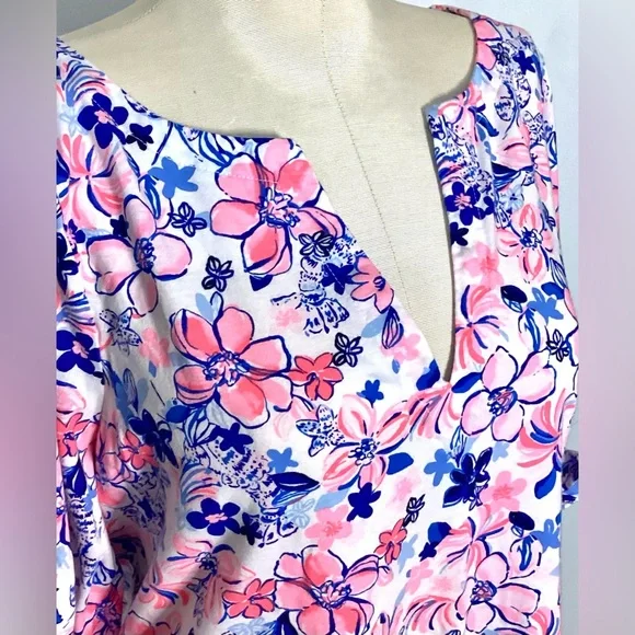 Lilly Pulitzer Pink and Blue Floral 3/4 Sleeve Cotton Dress - Picture 4 of 11